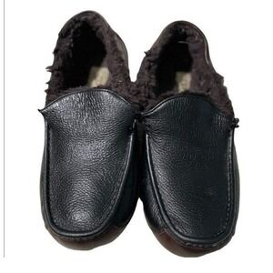 Ugg Mens Leather Sheepskin Moccasin Slippers Size 10 Black & Brown